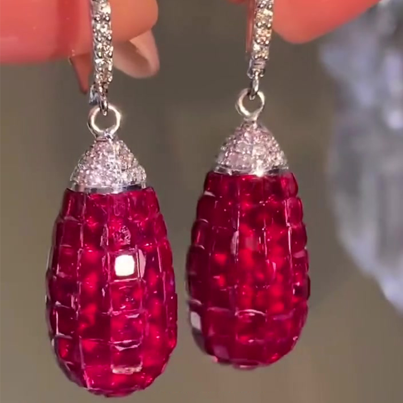 Invisible Setting Princess Cut Ruby Sapphire Teardrop Earrings