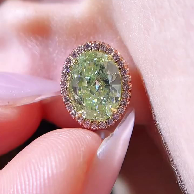 Pink Halo Oval Cut Apple Green Sapphire Stud Earrings