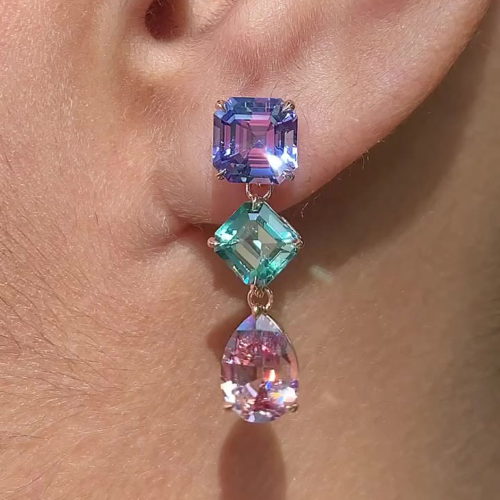 Multi-cut Amethyst&Aquamarine&Pink Sapphire Dangle Earrings