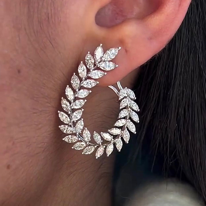 Leaf Design Marquise Cut White Sapphire Hoop Earrings