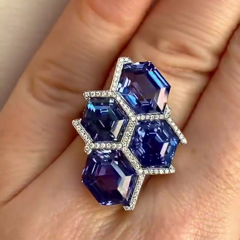 Geometric 12ctw Hexagon Cut Blue Sapphire Ring