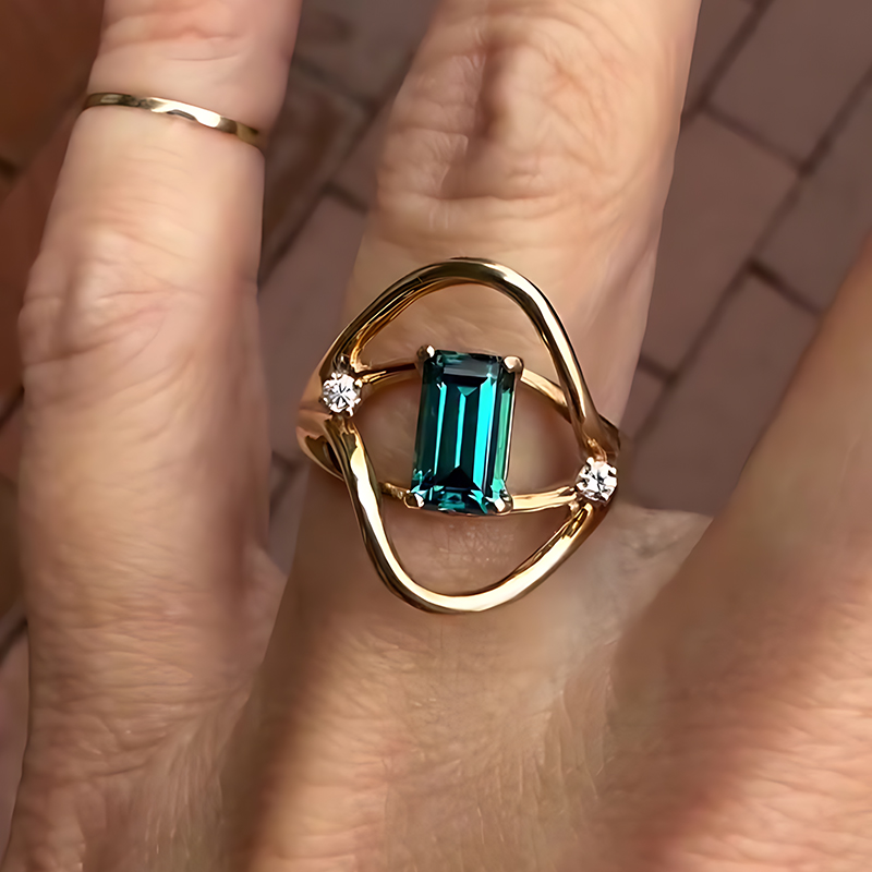 2ct Emerald Cut Teal Tourmaline Open-Frame Ring