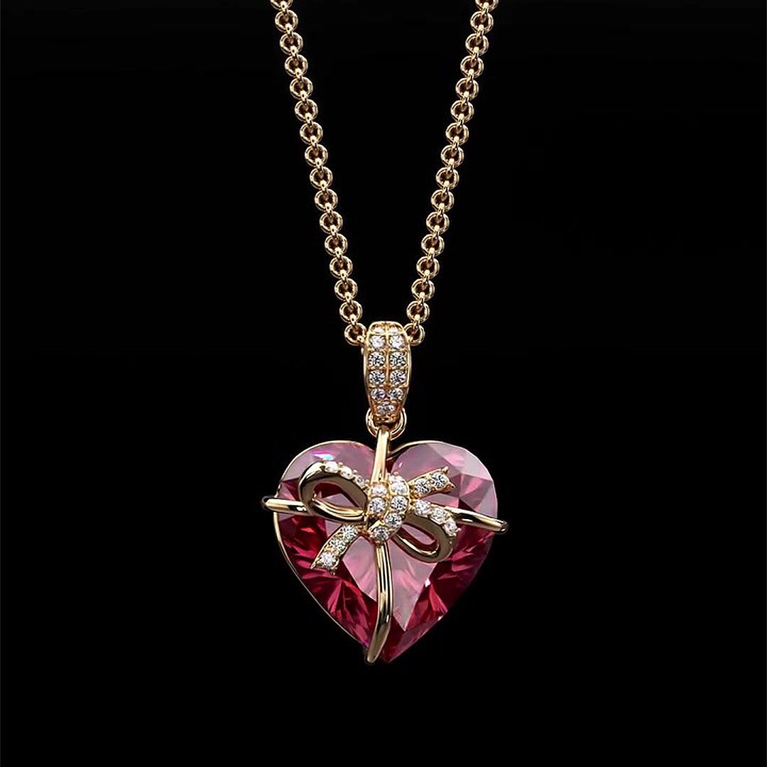 Bow Design Heart Cut Ruby Sapphire Pendent Necklace