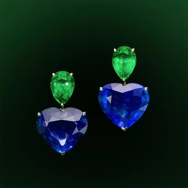 Heart Cut Blue Sapphire & Pear Cut Emerald Drop Earrings