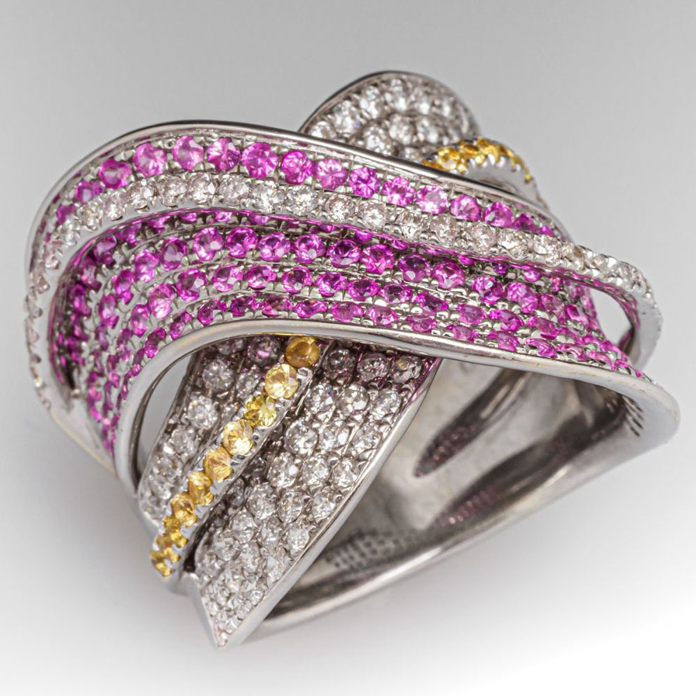 Bypass Design 6.25ct Pink&Yellow Sapphire Pave Band