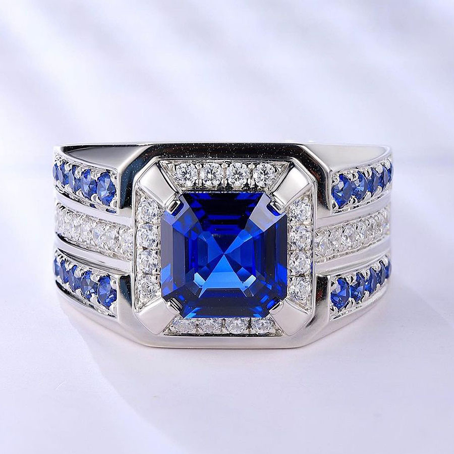 4ct Asscher Cut Blue Sapphire Men's Engagement Ring