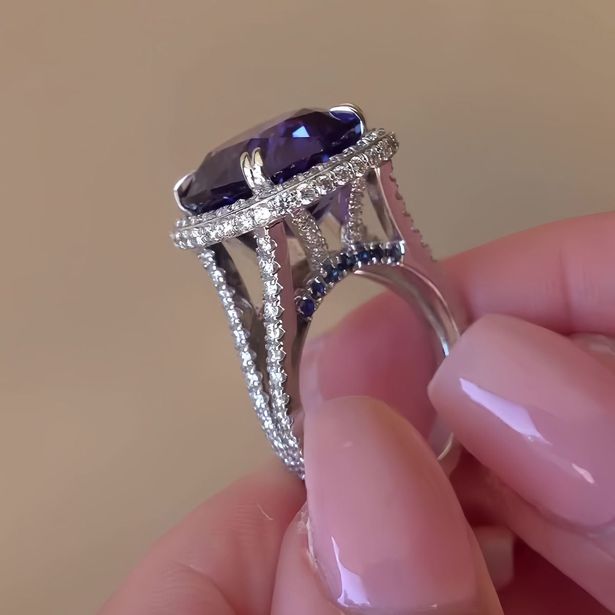 3.8ct Cushion Cut Purple Sapphire Halo Diamond Ring