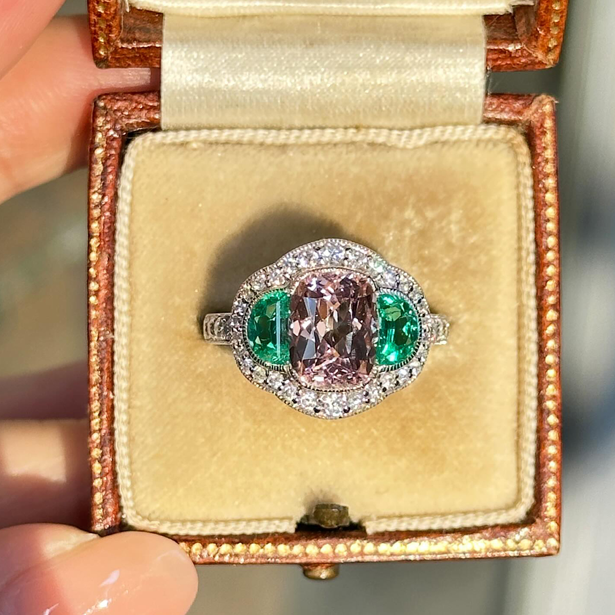 Chic Contrast 2ct Cushion Cut Pink & Emerald Sapphire Halo Ring