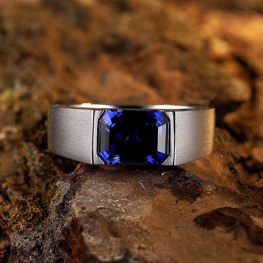 5ct Emerald Cut Blue Sapphire Men's Engagement Ring