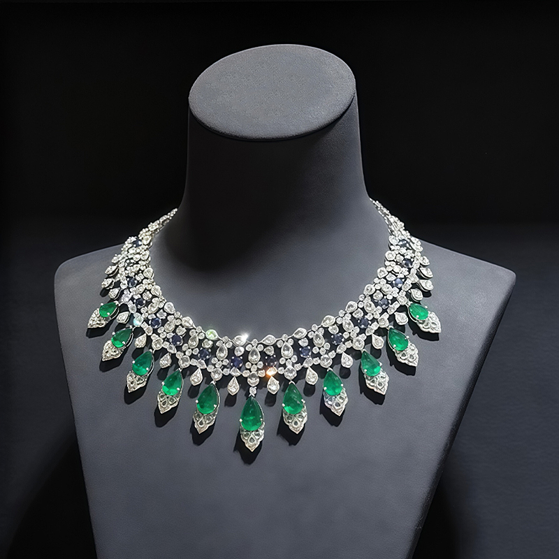 Emerald, Sapphire & White Sapphire Royal Fringe Choker Necklace