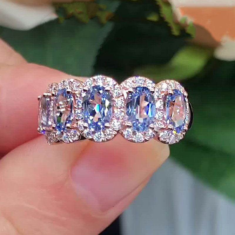 6.25ct Five -stone Halo Oval Aquamarine Ruby Sapphire Eternity Ring