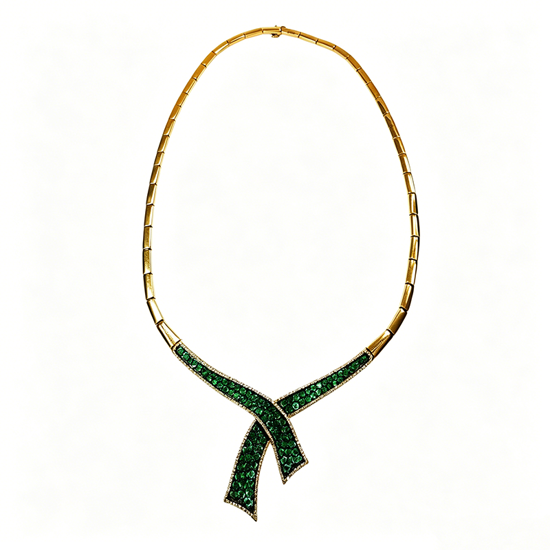 Round Cut Emerald & White Sapphire Cross Bow Choker Necklace