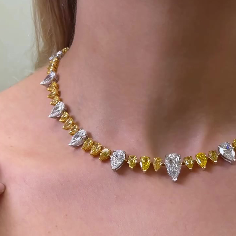 Pear Cut Yellow&White Sapphire Necklace&Earrings Set
