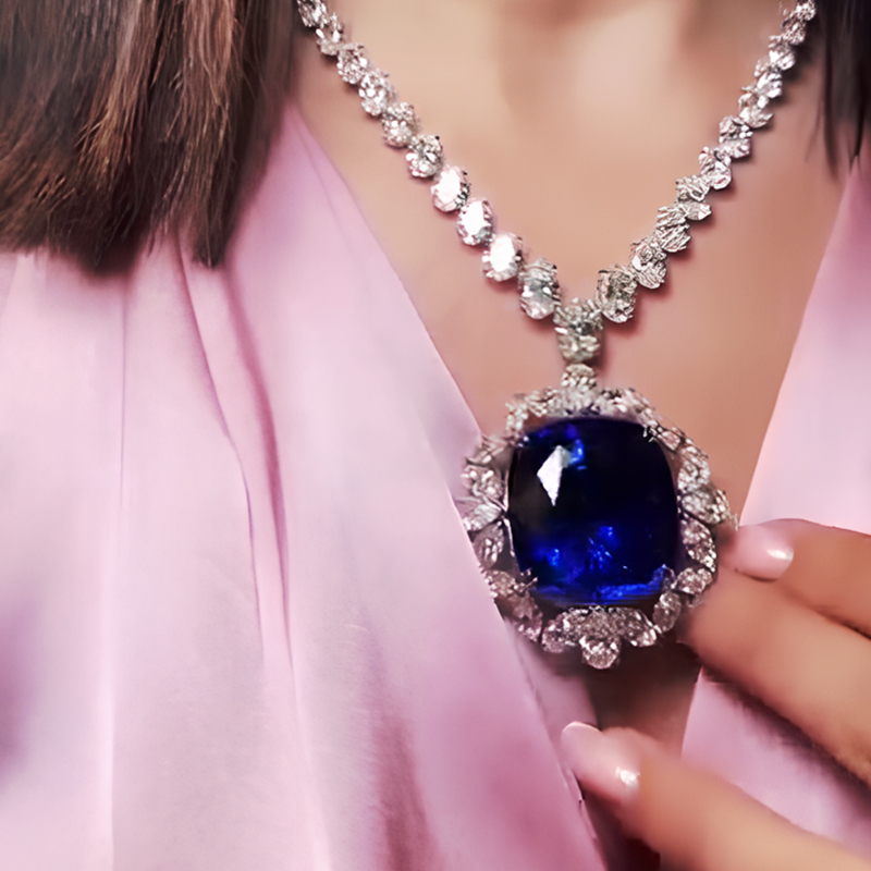 Halo Cushion Cut Blue Sapphire Pendant Necklace