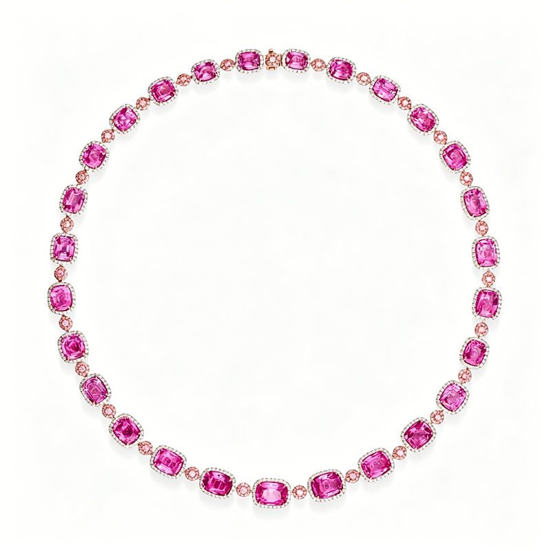 Cushion Cut Pink & Round Cut White Two-Tone Sapphire Necklace