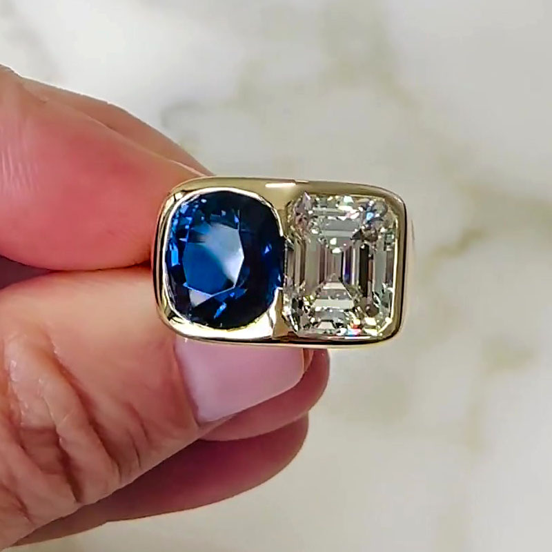 6.25ct Cushion&Emerald Cut Blue&White Sapphire Engagement Ring