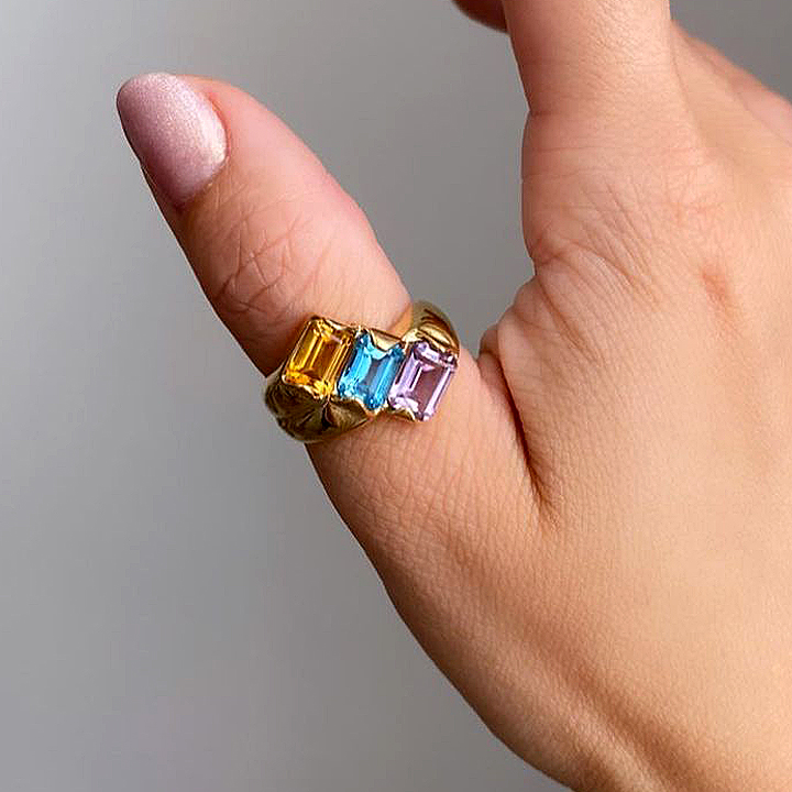 6ct Emerald Cut Rainbow Sapphire Eternity Ring