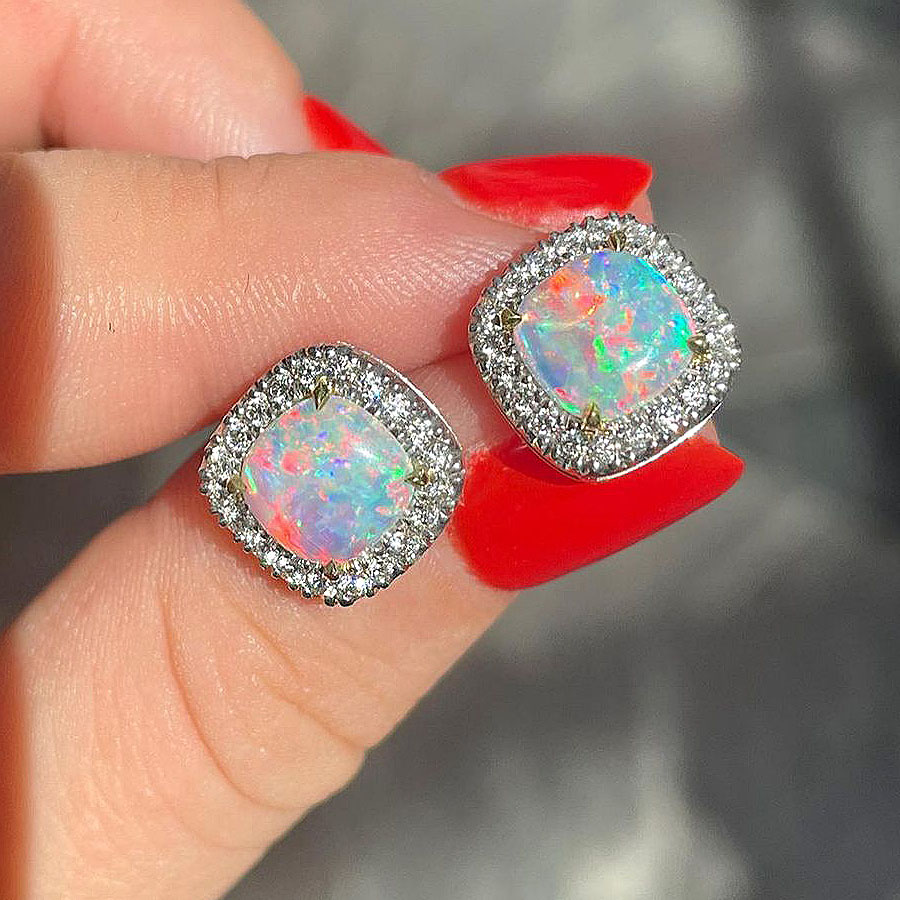 Cushion Cut Opal Sapphire Stud Earrings