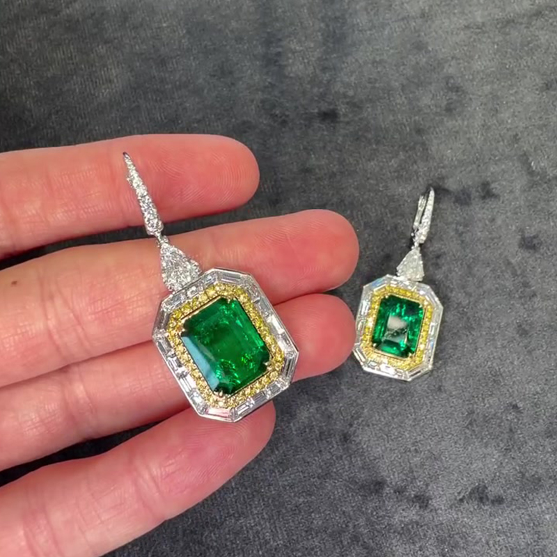 Emerald Cut Halo Peridot Drop Earrings