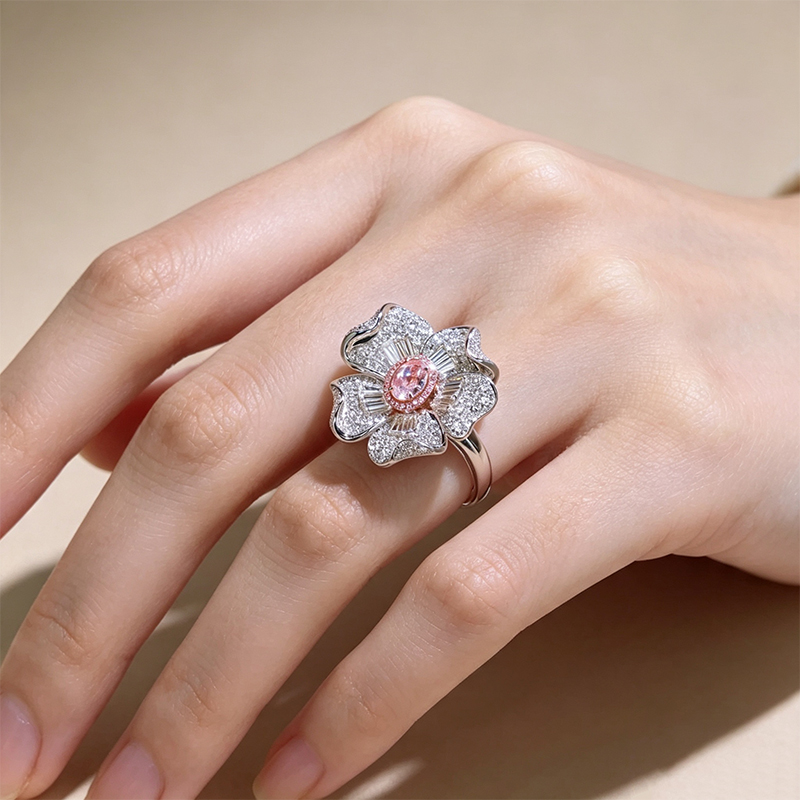Fashion 2.75ct Oval Cut Pink Sapphire Pave Multi-Cut 3D Flower Engagement Ring