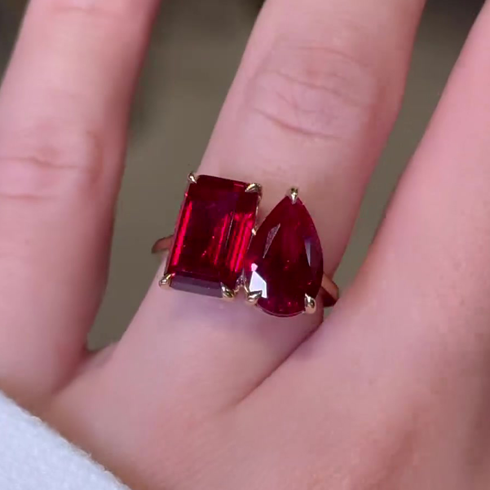 Toi et Moi 3ct Emerald&Pear Cut Ruby Sapphire Engagement Ring