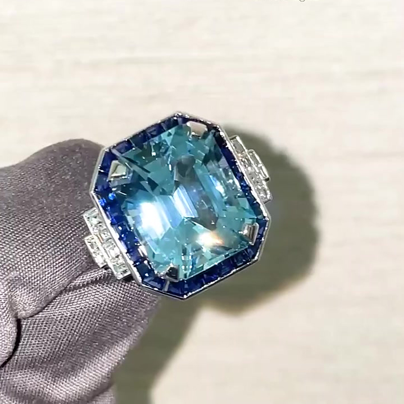 5ct Emerald Cut Aquamarine & Sapphire Cocktail Ring