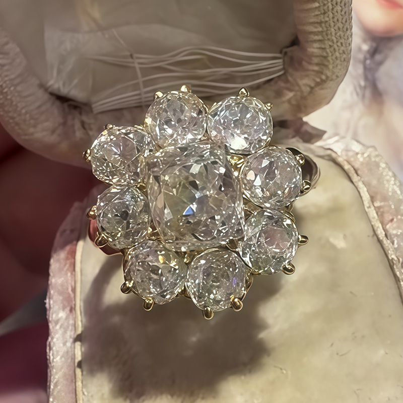 Vintage Cluster White Sapphire Cushion Cut Floral Engagement Ring