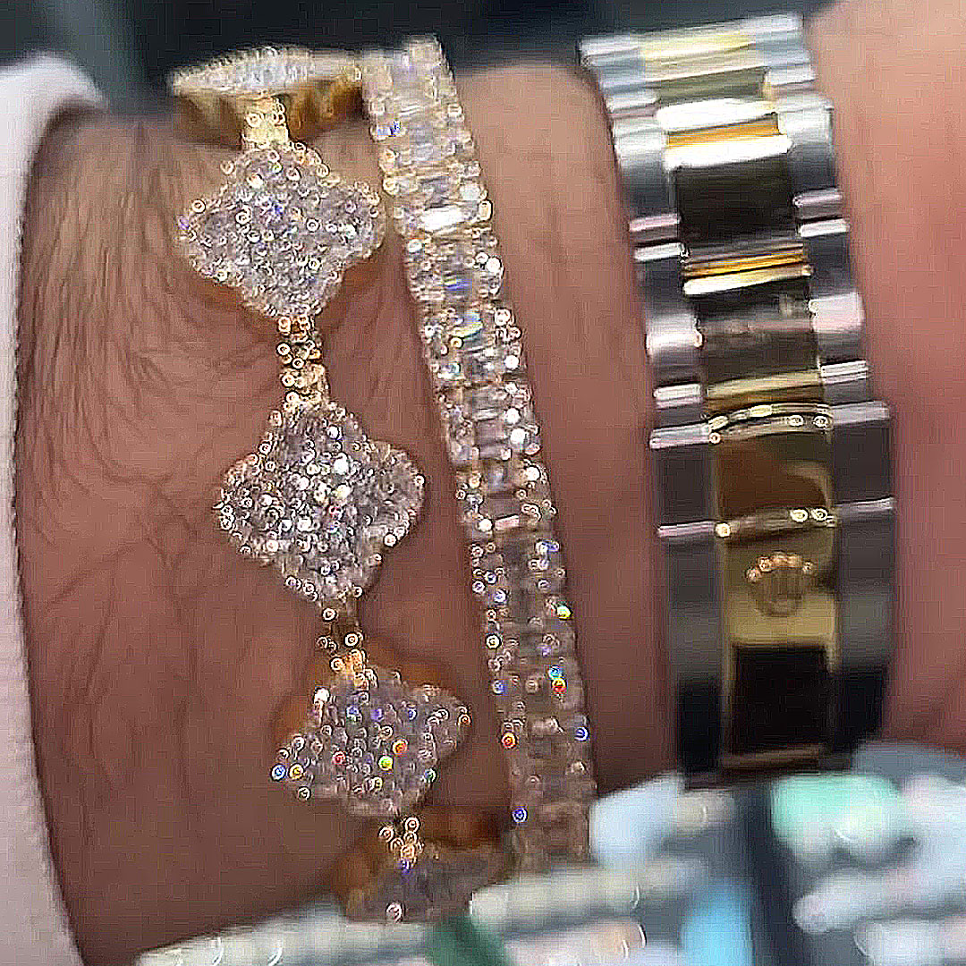 Four Leaf Clover Round Cut White Sapphire Bracelet for Men