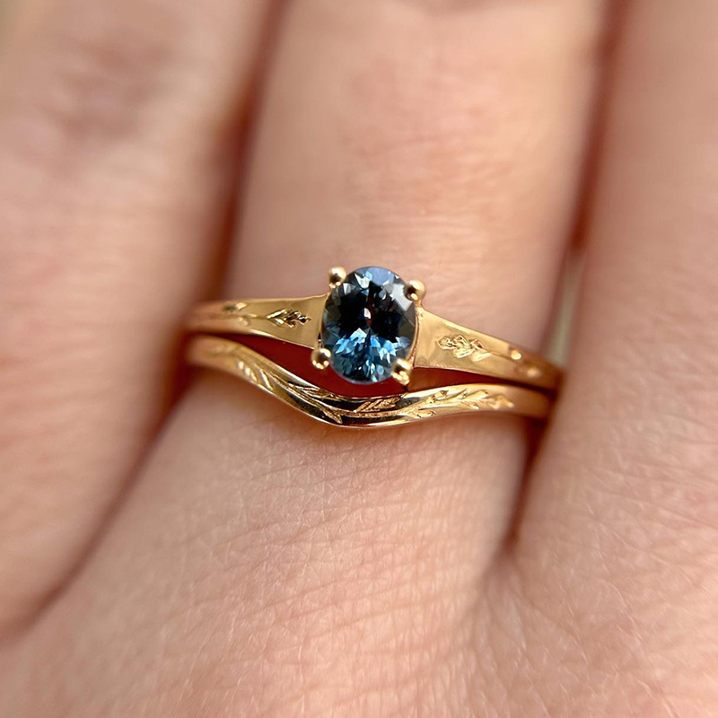 London Blue Sapphire & Scrollwork Oval Cut Wedding Ring Set