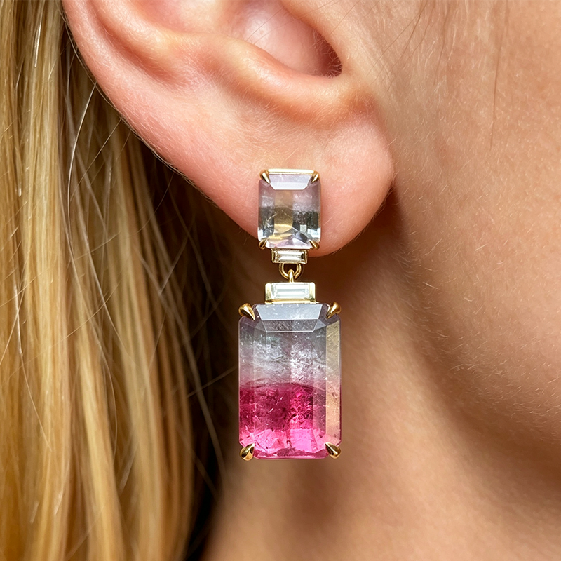 Emerald Cut Watermelon Bi-Color Tourmaline Drop Earrings