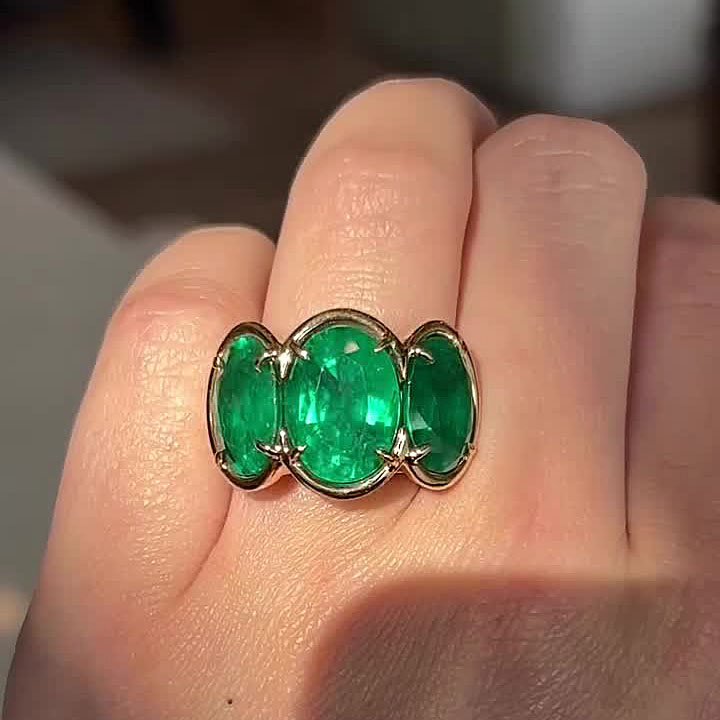 7ct Three-Stone Oval Cut Emerald Sapphire Ring