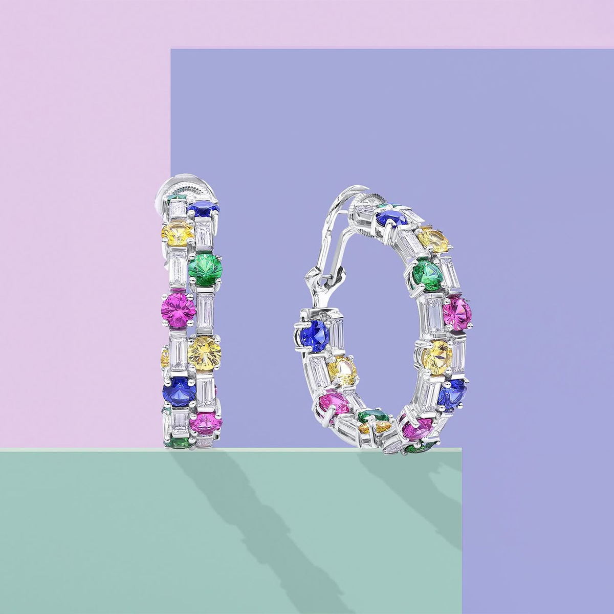 Rainbow Mixed Sapphire Round & Emerald Cut Earring