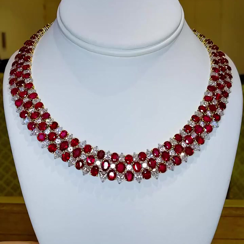 Cascading Ruby & Diamond Cluster Necklace-Earring Set