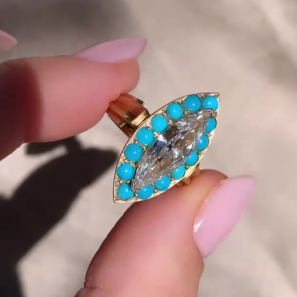 Bohemian 2.5ct Marquise Cut White Sapphire & Turquoise Statement Ring