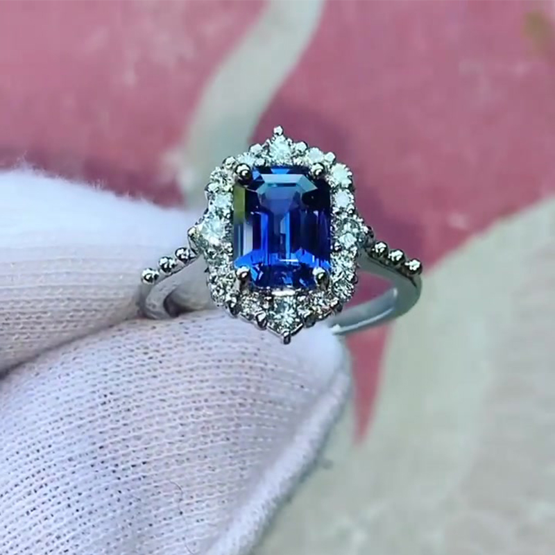 2.8ct Emerald-Cut Blue Sapphire Vintage Halo Ring