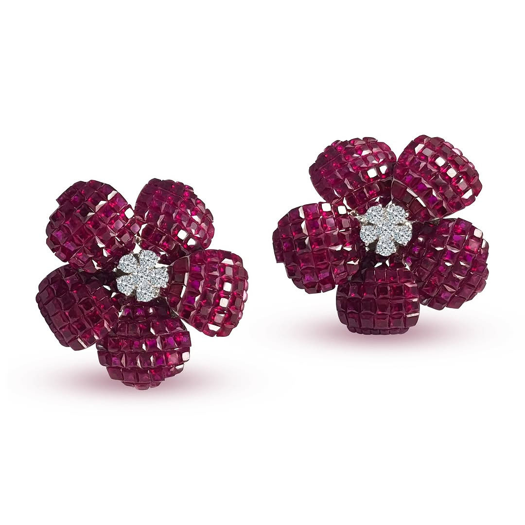 Flower Design Ruby&White Sapphire Stud Earrings