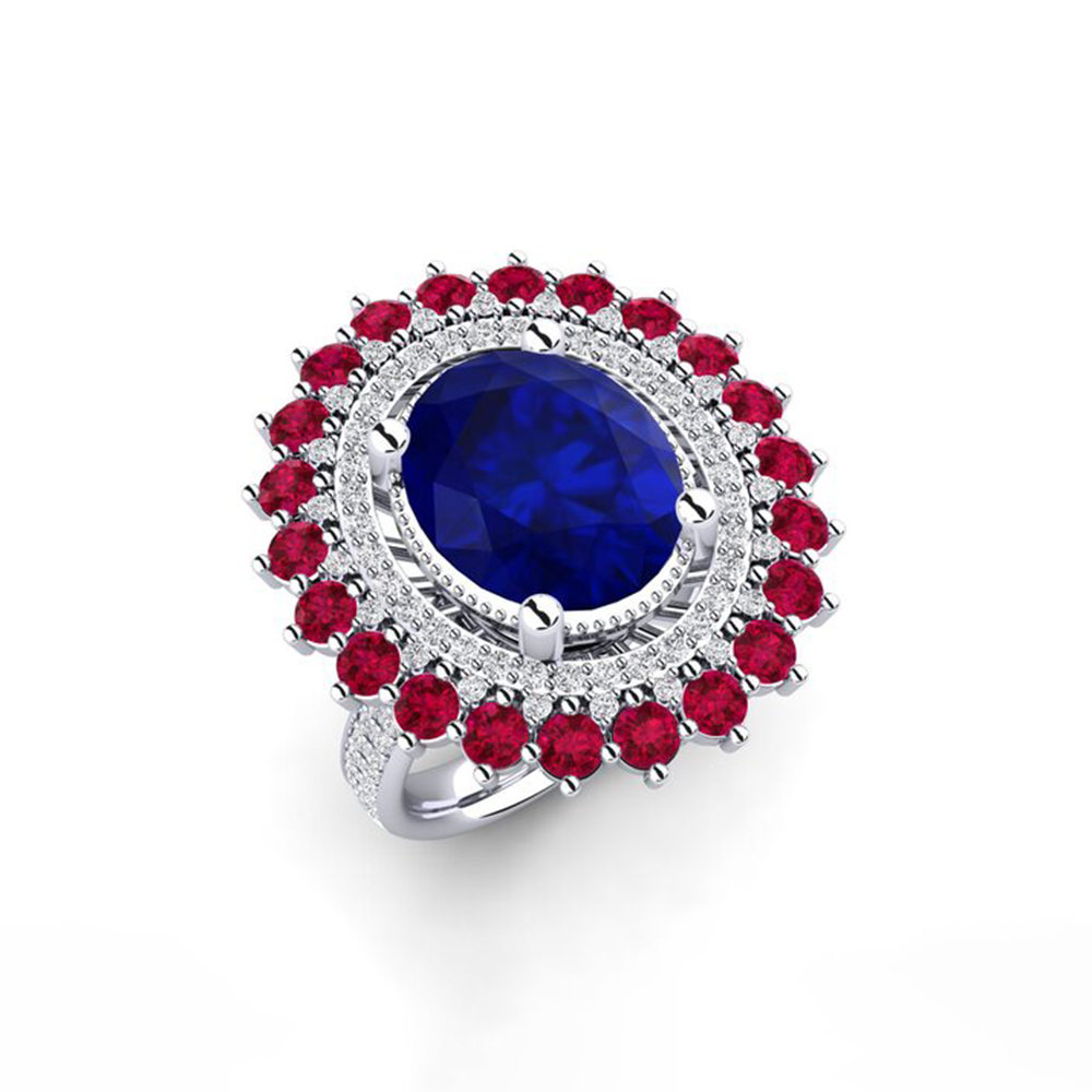 6 Color Options Oval Cut Blue Sapphire Double Halo Ring
