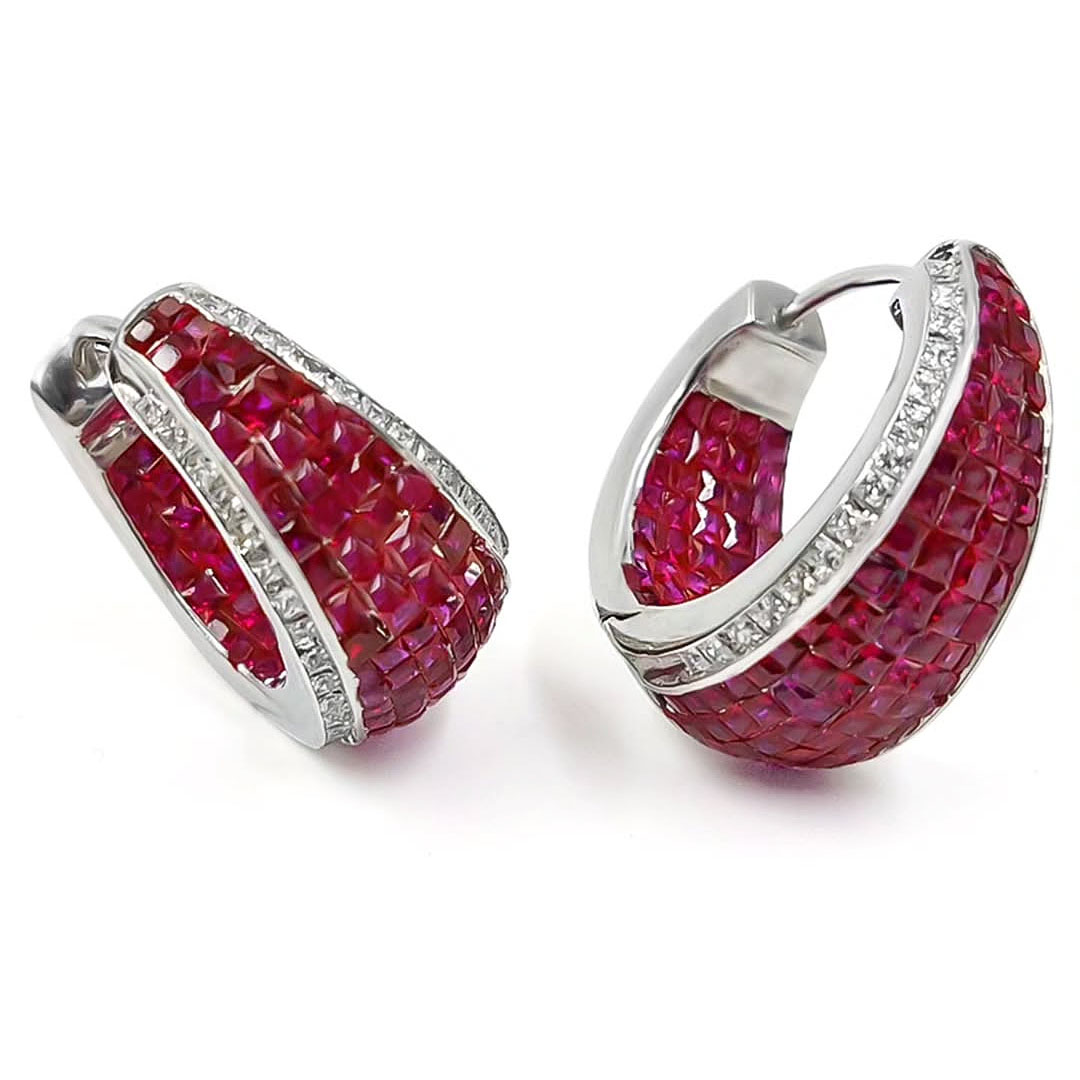 Invisible Setting Princess Cut Ruby Sapphire Hoop Earrings