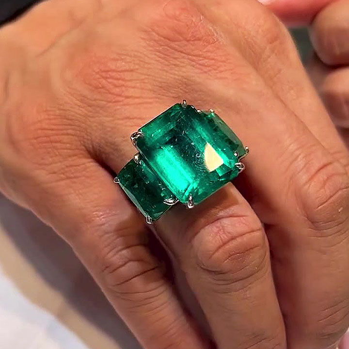 16ct Three-stone Emerald Cut Emerald Sapphire Ring
