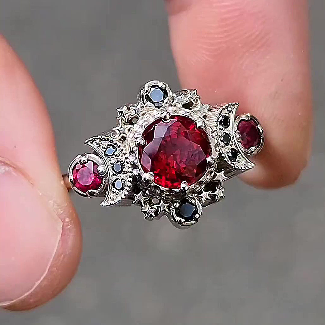 3ct Blood Moon Round Cut Ruby&Black Sapphire Wedding Set/3pcs