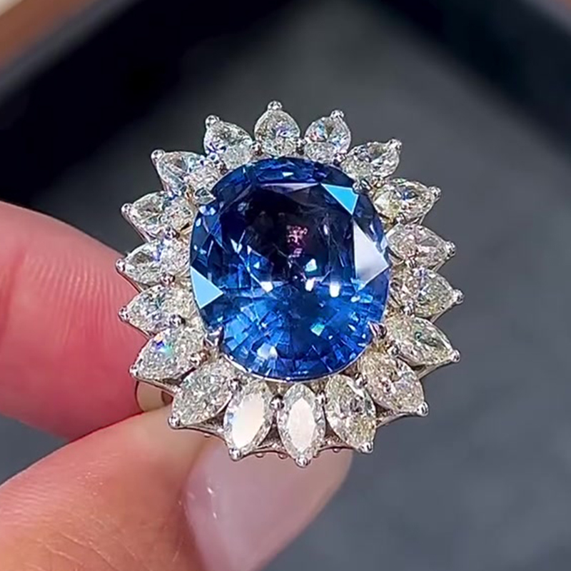 4ct Oval Cut Blue Sapphire Sunflower Engagement Ring