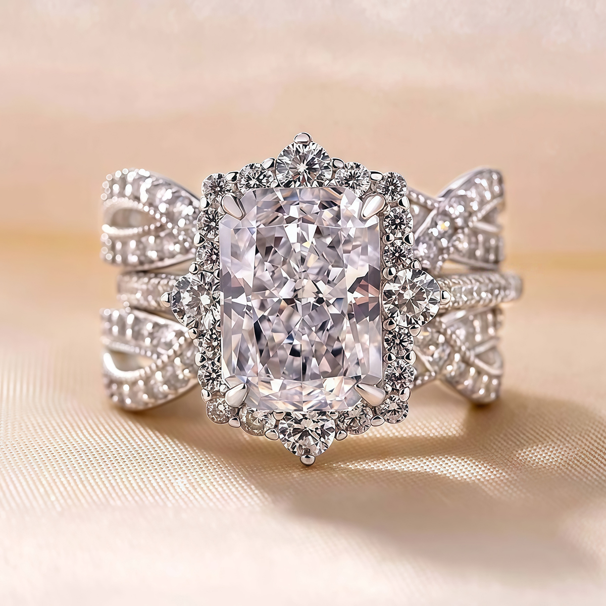 Radiant Cut Ring With Halo Diamond Matching Double Twisted Pave Set Wrap Enhancer Band / 2pcs