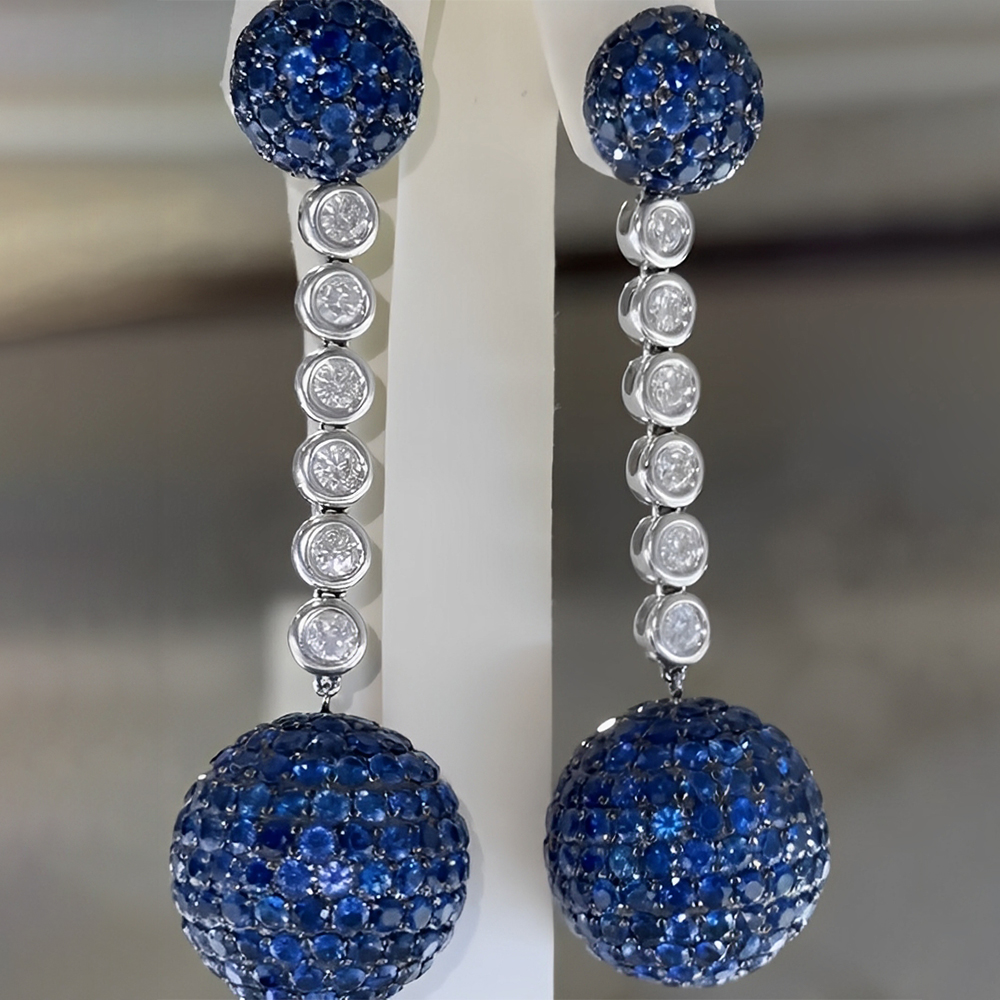 Ball Design Round Cut Sapphire&Diamond Dangle Earrings