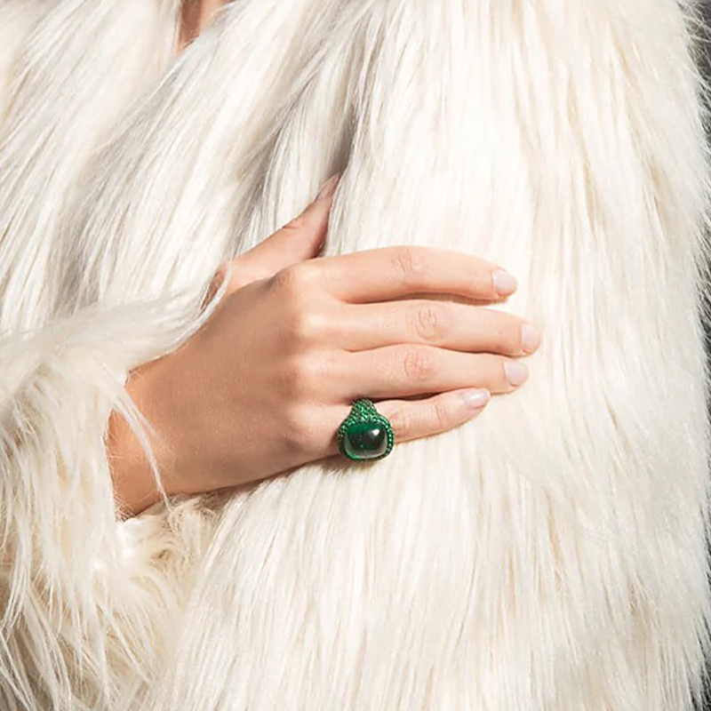 Full Pavé 8ct Emerald Sapphire Cabochon Cut Engagement Ring