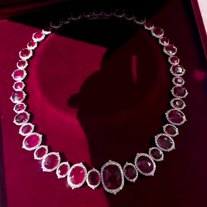 Oval Cut Vivid Red Ruby & White Sapphire Necklace