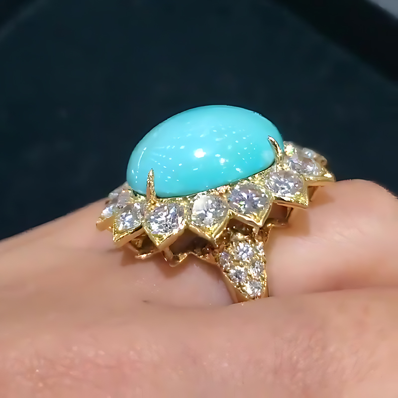 Oval Cabochon Turquoise & White Sapphire Halo Ring