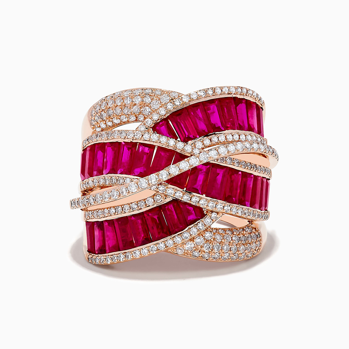 Twisted Pave Ruby & White Sapphire Emerald Cut Multi-Band