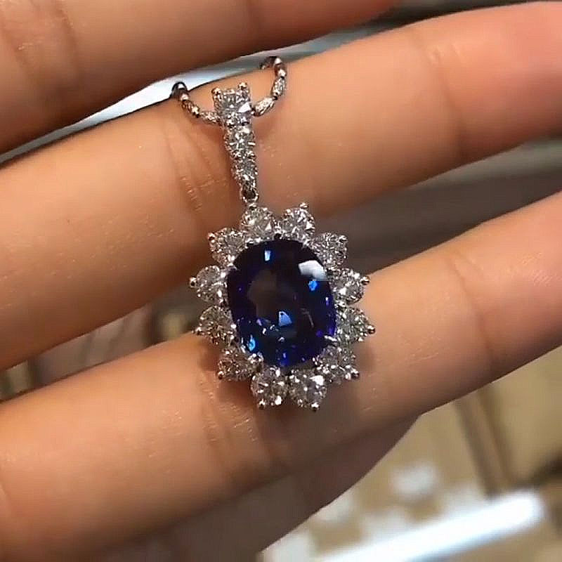Halo Cushion Cut Blue Sapphire Pendant Necklace