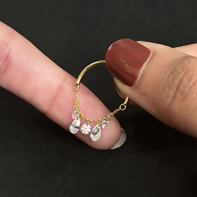 Pear & Round Cut White Sapphire Chain Tassel Dainty Ring