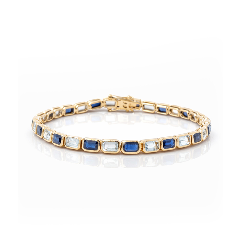 Emerald Cut Aquamarine & Blue Sapphire Two Tone Tennis Men's Bracelet